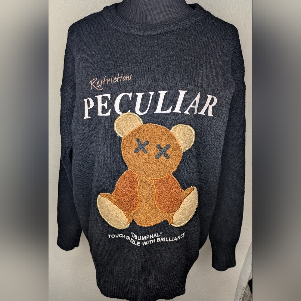 Unbranded Men's Streetwear Black Sweater Duplicate Stitch Teddy Bear Size Medium